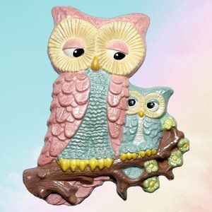 Retro Style Chalkware Owl and Baby Plaque